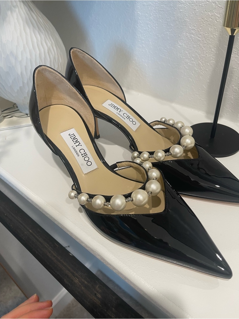 Jimmy Choo Black Patent Leather Pearl-Strap Pointed Slingback Heels - Picture 11 of 11
